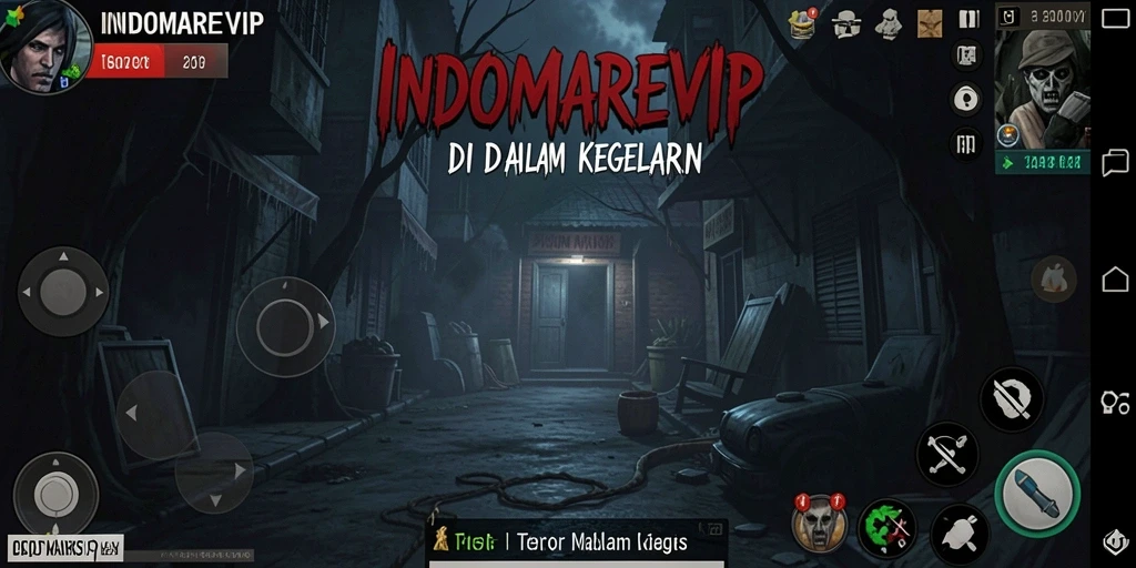 Screenshot gameplay INDOMAREVIP menampilkan suasana horror mencekam.