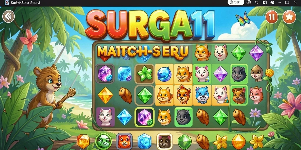 Screenshot utama SURGA11 yang menunjukkan gameplay seru dan penuh warna.