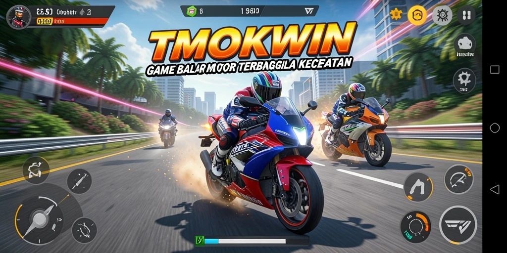 Screenshot gameplay TMOKWIN menampilkan aksi balap motor yang seru dan menegangkan.