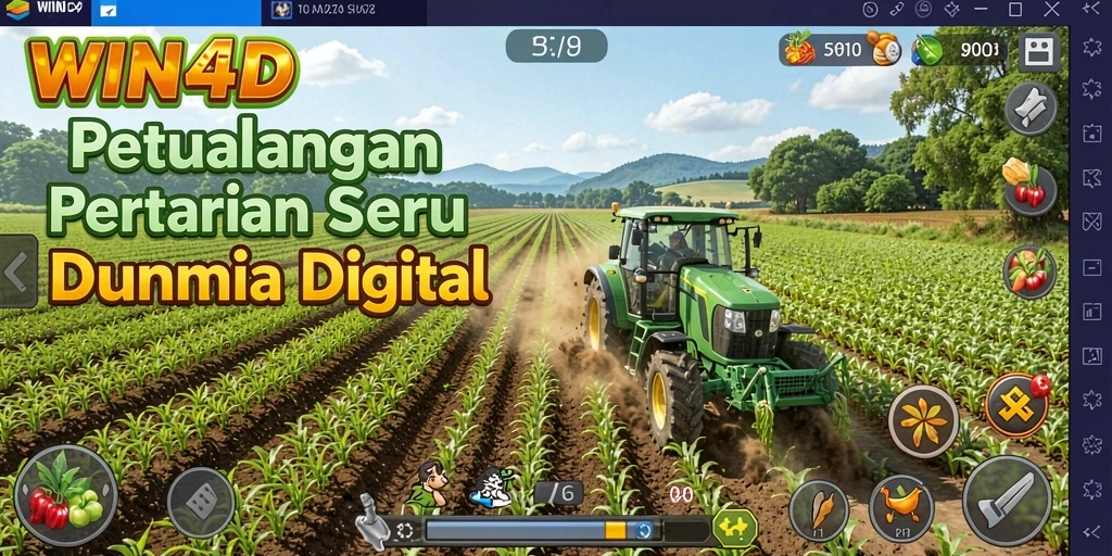 Tampilan gameplay WIN4D dengan ladang yang subur dan hewan ternak.
